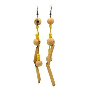 Handmade Natural Beaded Dangle Earrings‎ Yellow Seed Beads and Thread Accents